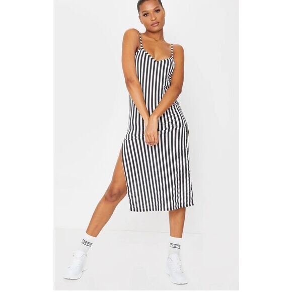 Prettylittlething Black Stripe Jersey Split Cami Midi Dress size 10 - Picture 1 of 15
